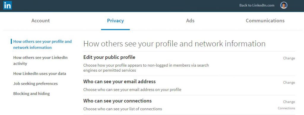 Account Settings & Privacy page contains