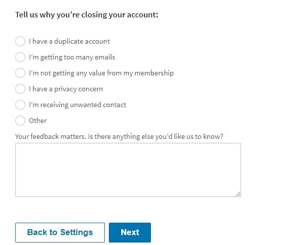 LinkedIn Closing Your Account Screen