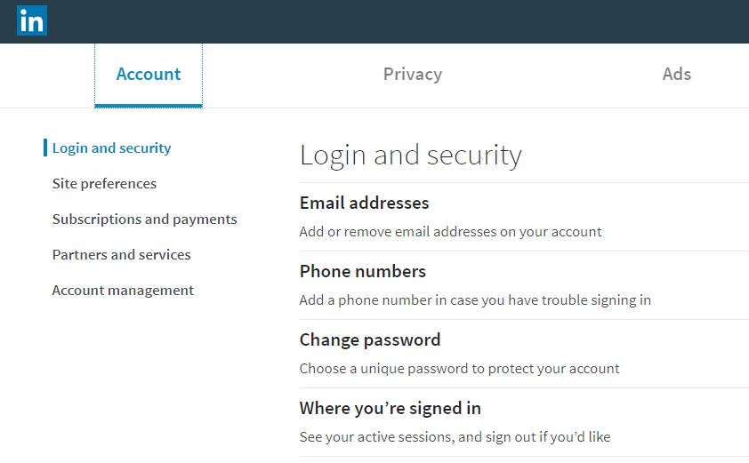 LinkedIn Accounts Tabs Under Settings & Privacy section.
