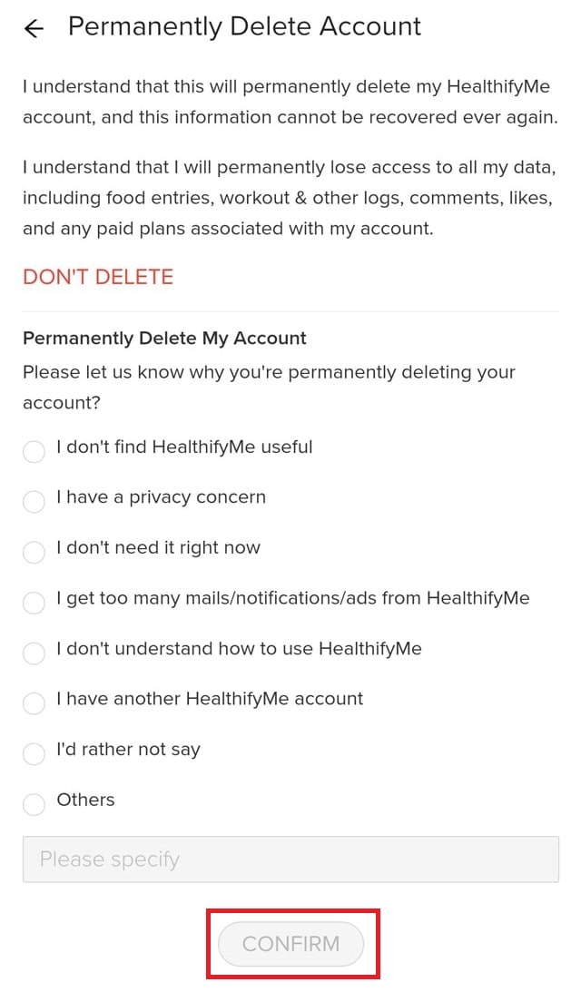 Choose the reseason for delete HealthifyMe account.