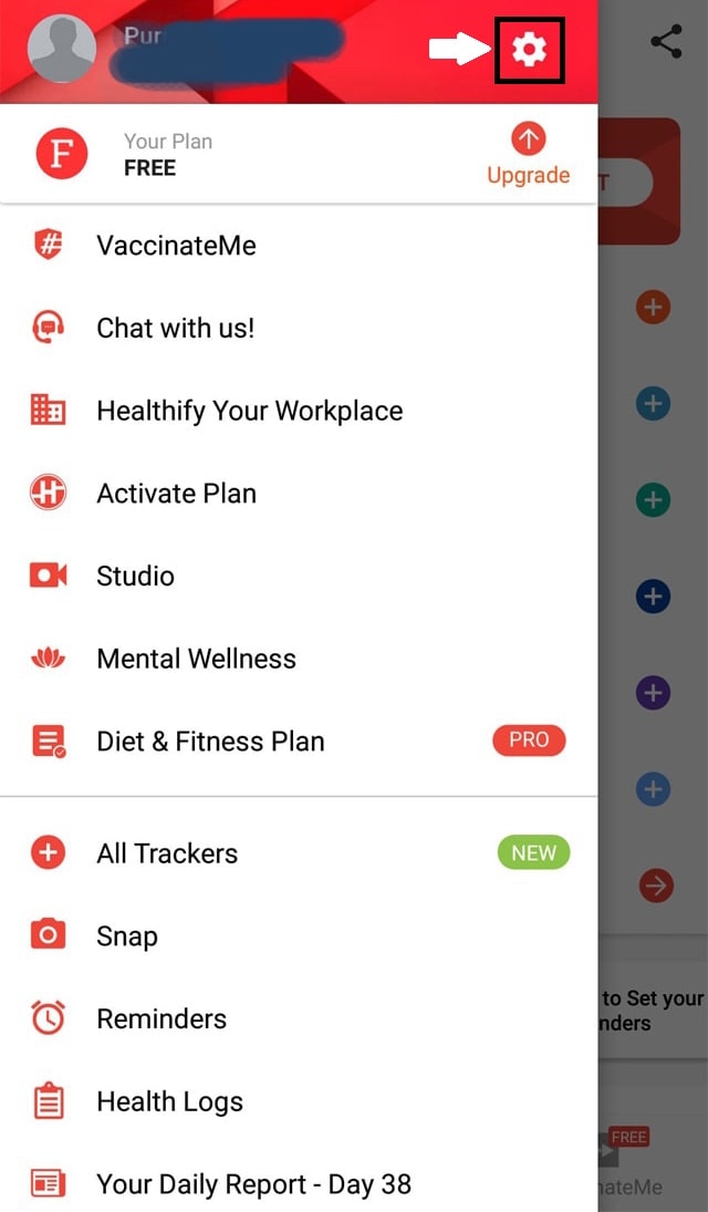 HealthifyMe Screen, After Click on Three line to the top